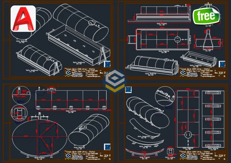 Tanque Aéreo 12000 Litros - Elíptico - DWG Grátis com vistas técnicas para consulta e referência em projetos. Capa