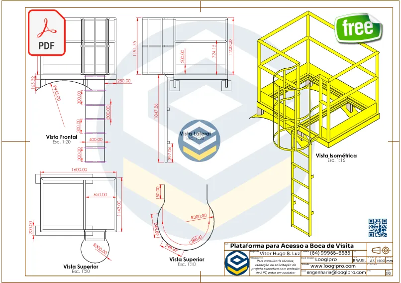 Plataforma para Acesso a Boca de Visita - Tanque - PDF Grátis com vistas detalhadas e modelo isométrico colorido para estudo técnico.