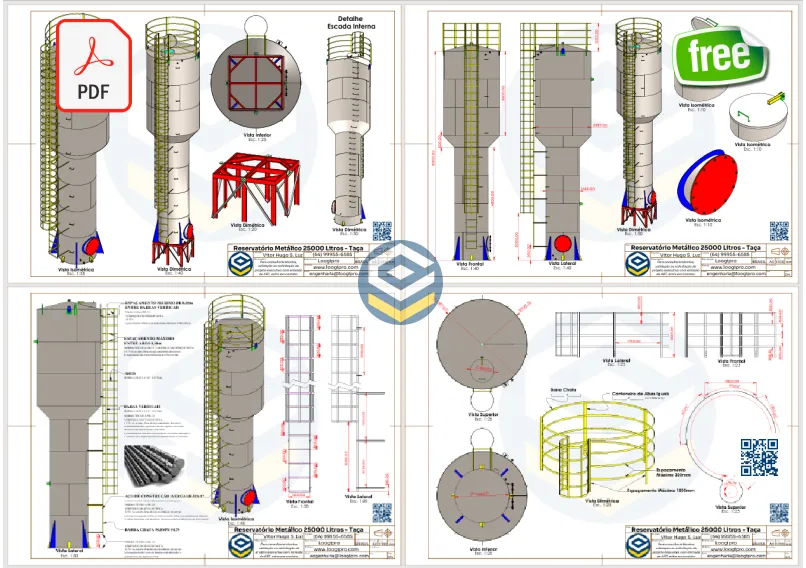 Reservatório Metálico 25000 Litros - Tipo Taça - PDF Grátis com estrutura elevada e detalhamento técnico completo para uso em projetos industriais