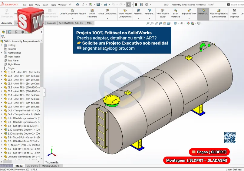 Tanque Aéreo 15000 Litros - Cilíndrico - Assembly em vista isométrica com todos os componentes montados em ambiente SolidWorks.