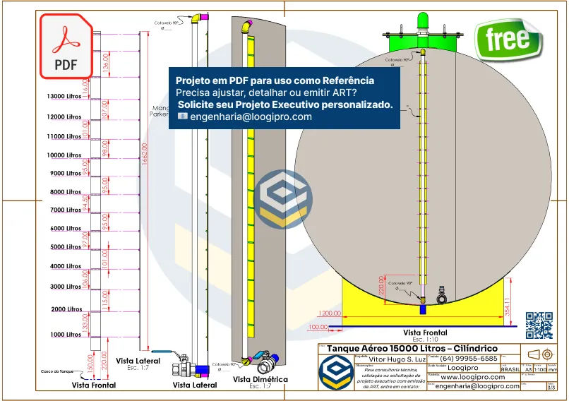 Tanque Aéreo 15000 Litros - Cilíndrico - PDF para referência técnica gratuita em projetos de armazenamento industrial. Folha 03