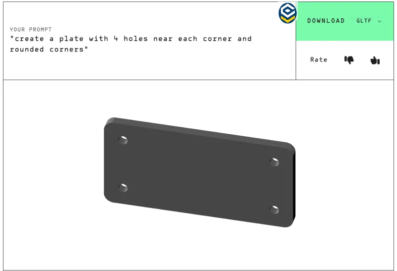 Text-to-CAD - "create a plate with 4 holes near each corner and rounded corners" (crie uma placa com 4 furos perto de cada canto e cantos arredondados)