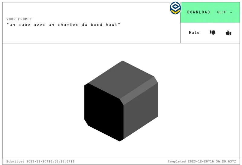 Text-to-CAD - "un cube avec un chamfer du bord haut" (um cubo com um chanfro du bord haut)