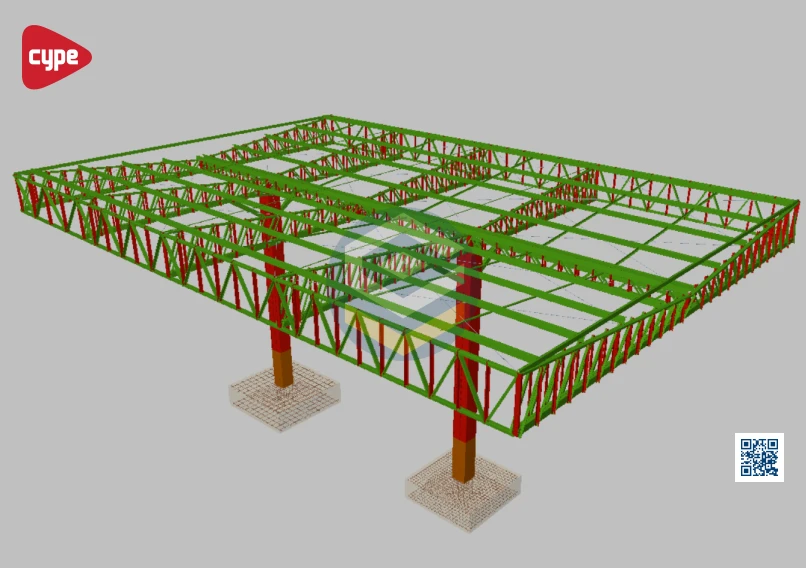 Posto de Combustível 13x19m - Cype 3D 2019a - Vista 3D isométrica da estrutura metálica e placas de base do Posto de Combustível 13x19m – Cype 3D 2019a.