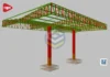 Vista inferior 3D da estrutura metálica e placas de base do Posto de Combustível 13x19m – Cype 3D 2019a.