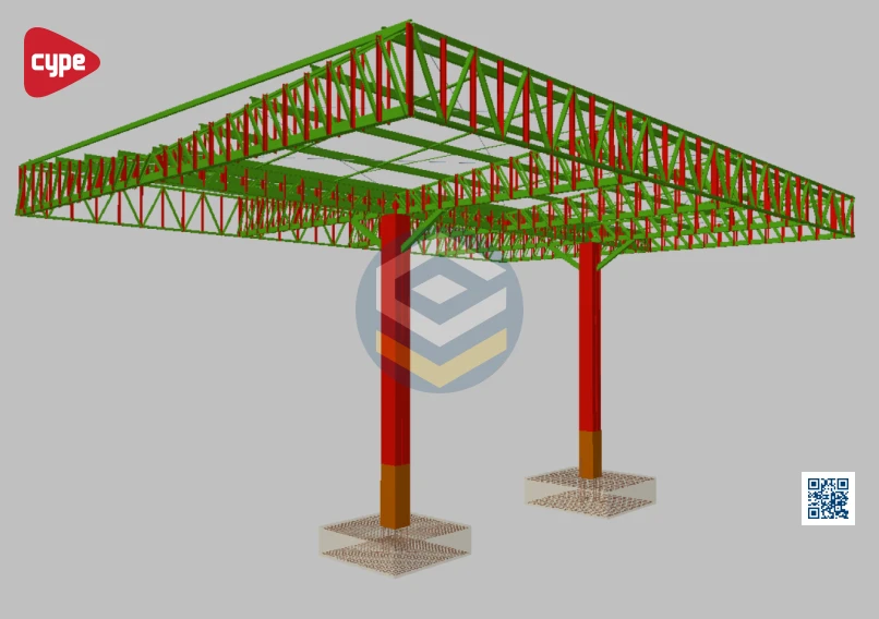 Vista inferior 3D da estrutura metálica e placas de base do Posto de Combustível 13x19m – Cype 3D 2019a.