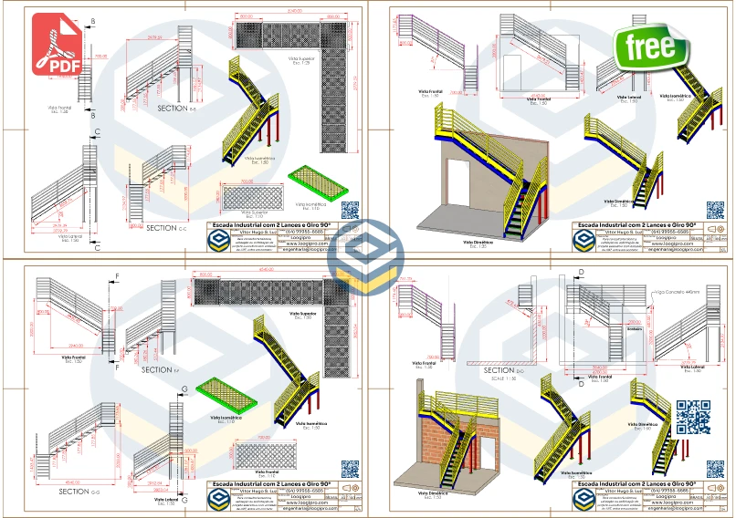 Escada Metálica com 2 Lances e Giro de 90 Graus - PDF Grátis, conjunto de folhas com vistas técnicas, cortes e detalhes construtivos.