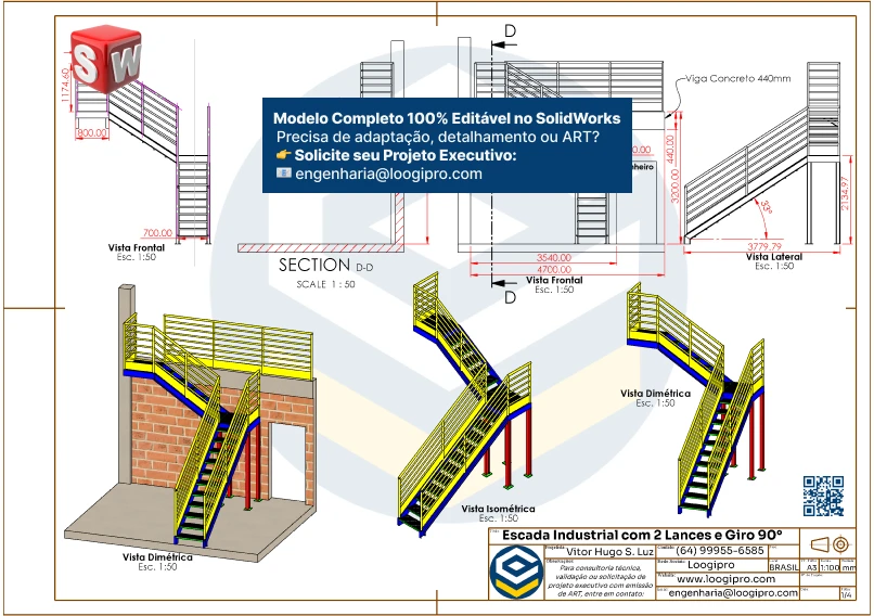 Vista isométrica de escada com 2 lances e giro de 90 graus, com detalhamento para fabricação no SolidWorks. Escada com 2 Lances e Giro de 90 Graus - Drawing