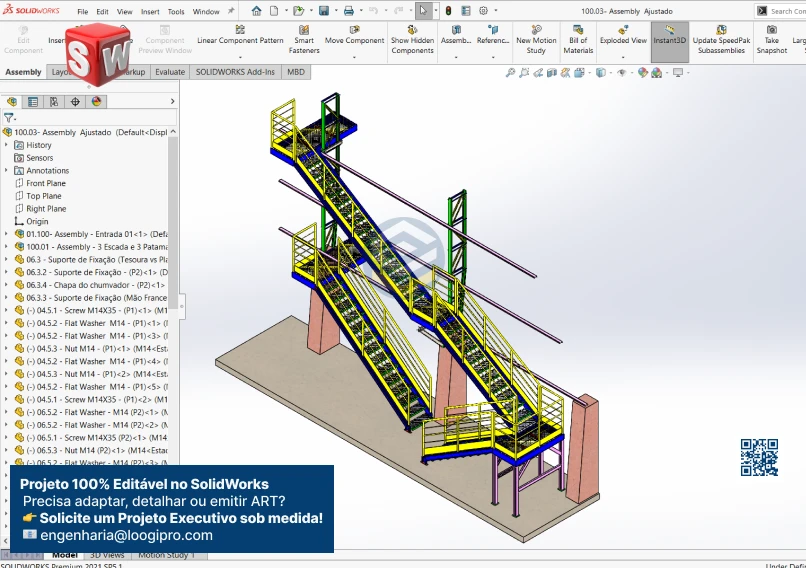 Escada metálica com 3 lances e giro de 180 graus - assembly editável no SolidWorks com peças e montagem completas.