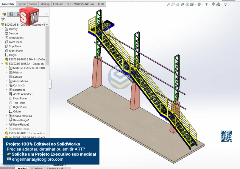 Escada Metálica com 3 Lances Retos – Assembly 6600mm exibida no SolidWorks com árvore do projeto, arquivos .SLDASM e .SLDPRT organizados para edição. Escada Metálica com 3 Lances Retos - Assembly