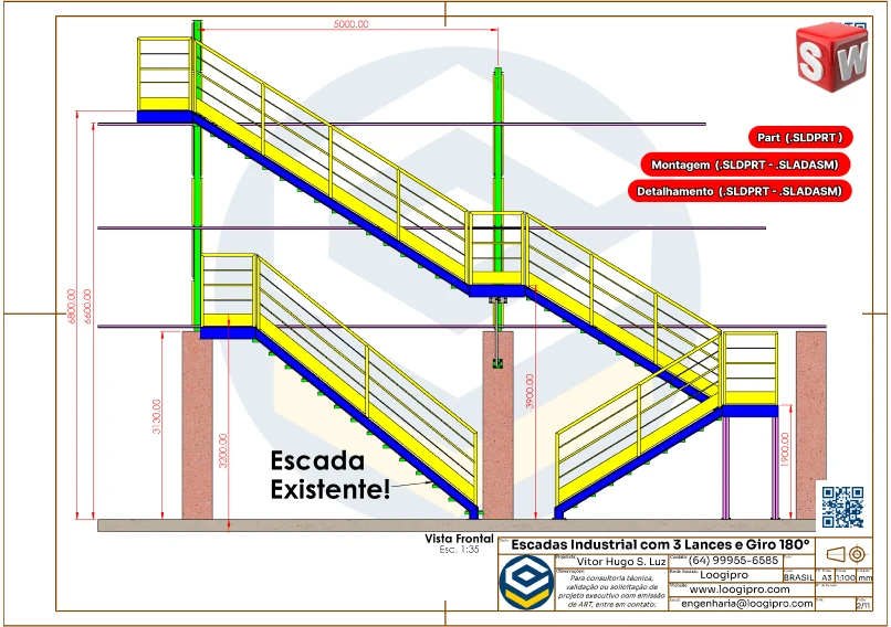 Vista lateral e detalhamento da escada metálica com 3 lances e giro de 180 graus - Drawing - Modelo Editável no SolidWorks.