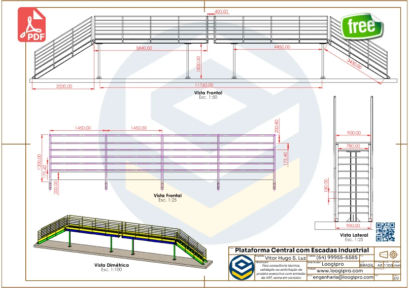 Plataforma Metálica Central com Escadas Laterais para Desenlonador de Caminhões – Vista Frontal e Dimétrica – PDF Grátis. Plataforma Metálica Central - Desenlonador de Caminhões - PDF Grátis