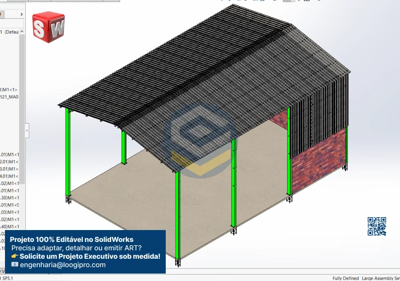 Galpão Metálico 10x15m - Assembly - 7m - Projeto Assembly do Galpão Metálico 10x15m com pé direito de 7m, em SolidWorks, com cobertura completa e arquivos .SLDASM e .SLDPRT para edição.