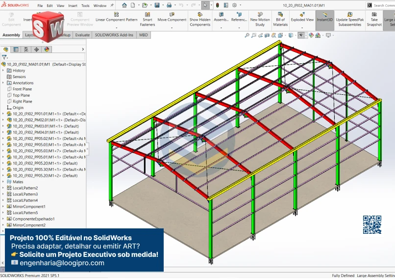 Galpão Metálico 12x20m – Assembly com tesoura e pilar em perfil acoplado, modelado no SolidWorks com arquivos .SLDASM e .SLDPRT para edição. Galpão Metálico 12x20m - Assembly - Tesoura