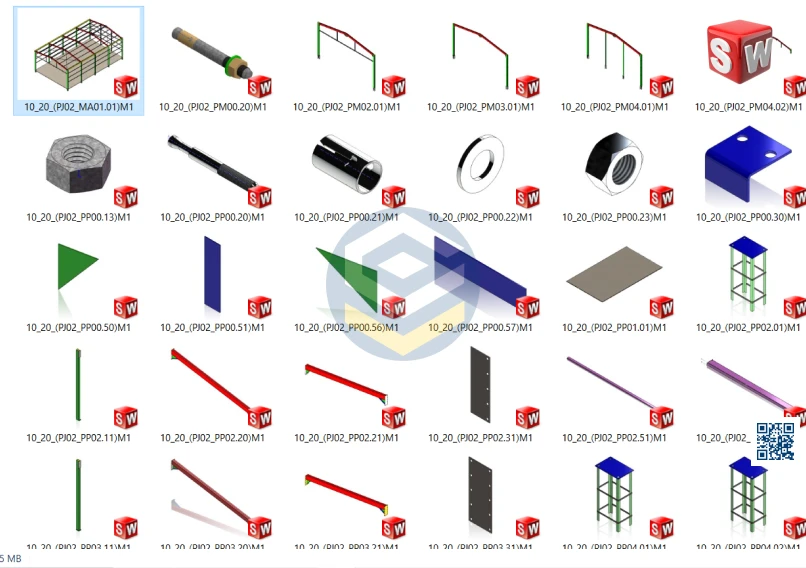 Conjunto de arquivos do Galpão Metálico 12x20m – Assembly, incluindo montagem .SLDASM e peças individuais .SLDPRT organizadas para edição no SolidWorks.