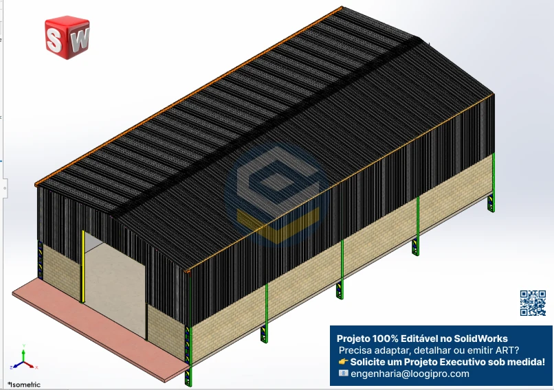 Projeto Assembly do Galpão Metálico 12x24m no SolidWorks, com cobertura e fechamento em telha, fornecendo arquivos .SLDASM e .SLDPRT para edição. Galpão Metálico 12x24m - Assembly