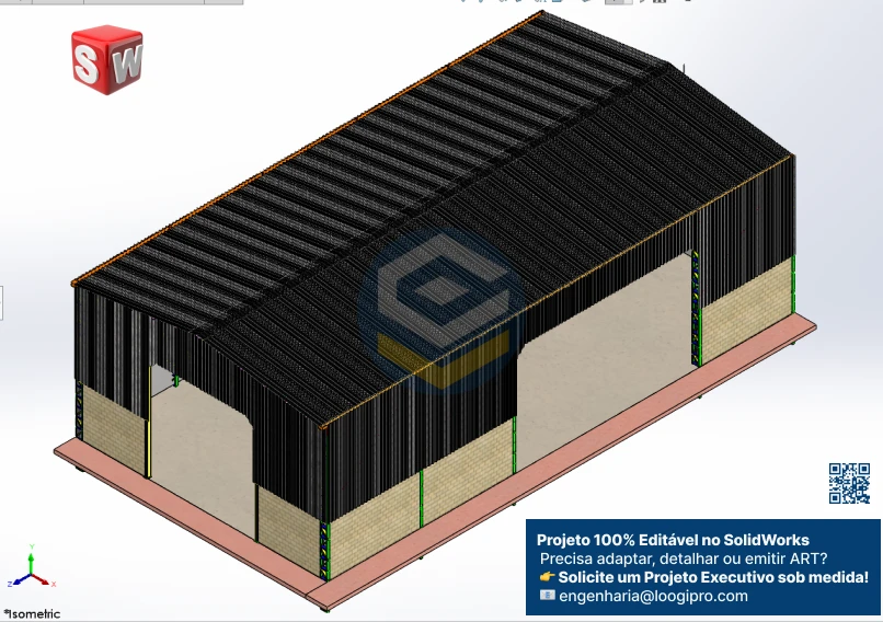 Projeto Assembly do Galpão Metálico 14x26m – Entrada frontal e lateral, fechamento completo em telha, com arquivos .SLDASM e .SLDPRT para edição no SolidWorks. Galpão Metálico 14x26m - Assembly - Entrada Frontal e Lat...