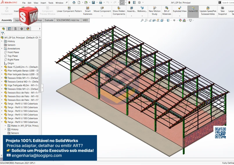 Galpão Metálico 15x40m com bico de pato 5m – Assembly no SolidWorks, com estrutura metálica detalhada e arquivos completos de montagem (.SLDASM) e peças individuais (.SLDPRT). Galpão Metálico 15x40m com Bico de Pato 5m - Assembly