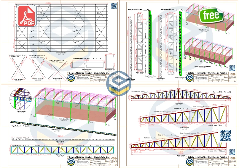 Vista superior com contraventamento e detalhes de pilares e viga principal do Galpão Metálico 15x40m com Bico de Pato 5m - PDF. Galpão Metálico 15x40m com Bico de Pato 5m - PDF
