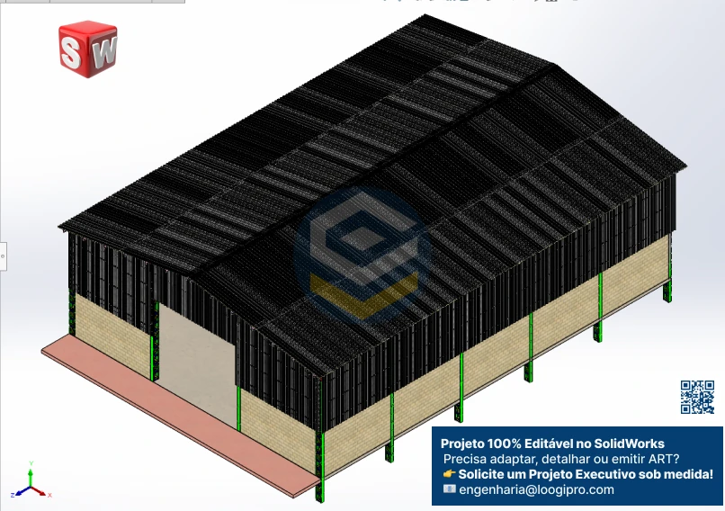 Galpão Metálico 18x25m - Assembly desenvolvido no SolidWorks, com fechamento misto e arquivos de montagem (.SLDASM) e peças individuais (.SLDPRT).
