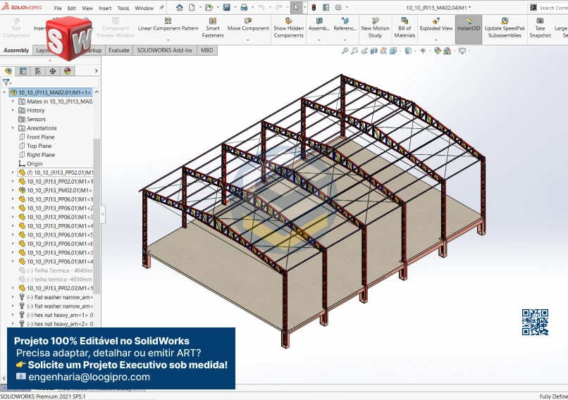 Galpão Metálico 18x25m – Assembly com tesoura reduzida, modelado no SolidWorks, incluindo montagem completa (.SLDASM) e peças individuais (.SLDPRT). Galpão Metálico 18x25m - Assembly - Tesoura Reduzida