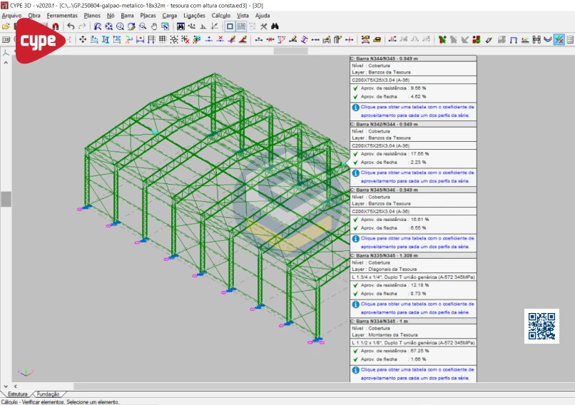 Galpão Metálico 18x32m - Cype 3D 2019a - Vista isométrica do Galpão Metálico 18x32m – Cype 3D 2019a – Tesoura com Altura Constante com verificação de ELS.