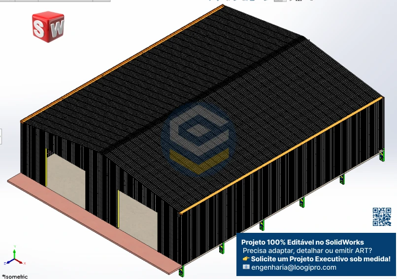 Galpão Metálico 24x30m - Assembly com 2 entradas frontais, fechamento completo em telha e arquivos .SLDASM e .SLDPRT para edição no SolidWorks. Projeto Galpão Metálico 24x30m - Assembly - 2 Entradas