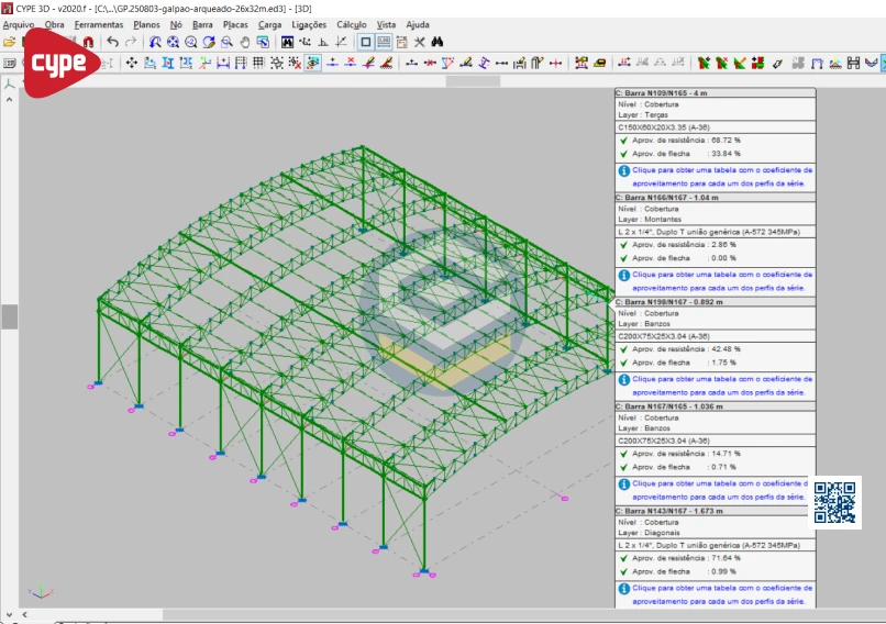 Galpão Metálico Arqueado 26x32m - Cype 3D 2019a - Loogipro - Galpão Metálico Arqueado 26x32m modelado no Cype 3D com estrutura em arco editável.