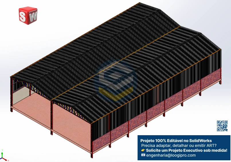 Galpão Metálico Geminado 24x38m - Assembly - Galpão Acoplado 12x20m em projeto Assembly SolidWorks, com cobertura completa e arquivos de montagem (.SLDASM) e peças individuais (.SLDPRT).