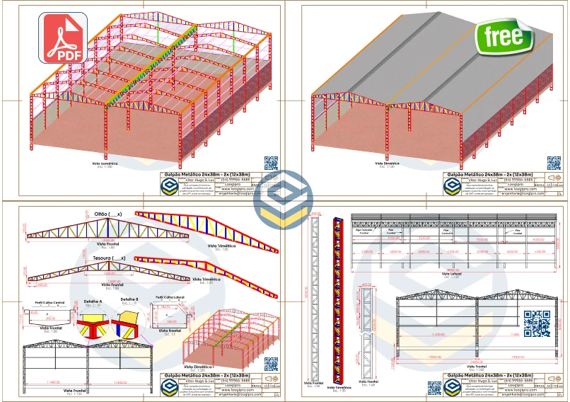 Galpão Metálico Geminado 24x38m - PDF com vista isométrica e detalhes construtivos para fabricação.