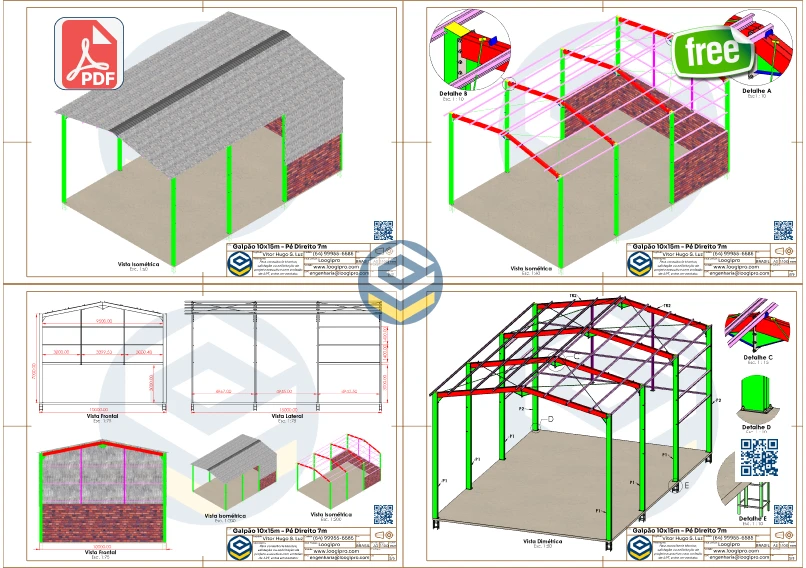 Galpão Metálico 10x15m - PDF - 7m de Pé Direito com vista isométrica e detalhes de ligações para montagem.