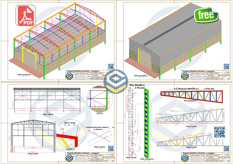 Vista isométrica e frontal de galpão metálico 12x24m - PDF - Fechamento Misto com estrutura metálica e detalhes de fabricação.