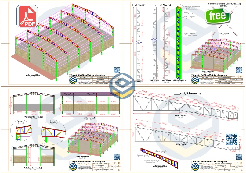Galpão Metálico 18x25m - PDF - Vista isométrica e frontal do Galpão Metálico 18x25m em PDF com fechamento misto.