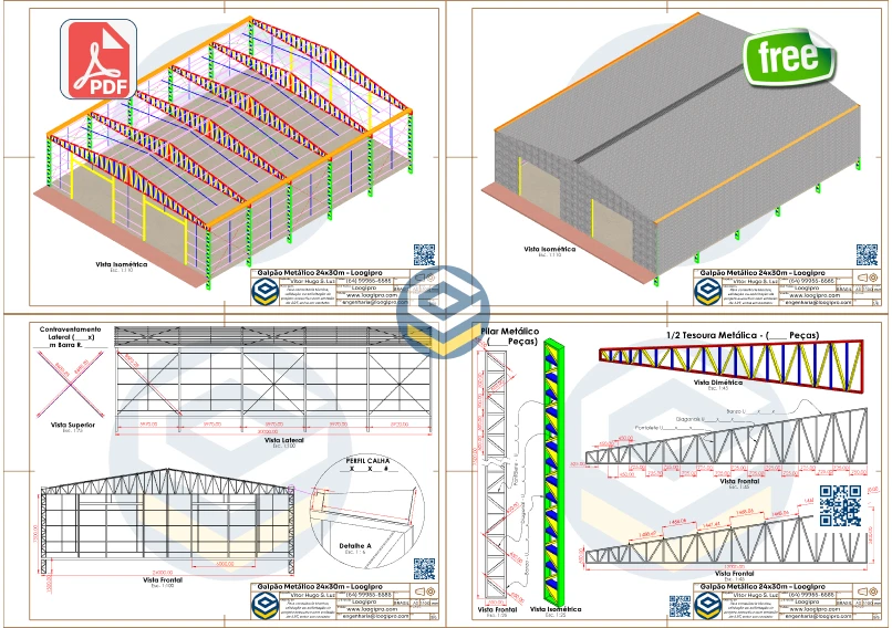 Galpão Metálico 24x30m - PDF - 2 Entradas - Projeto técnico gratuito de galpão metálico 24x30m em PDF, com duas entradas frontais e fechamento lateral em telha metálica de 6 metros.