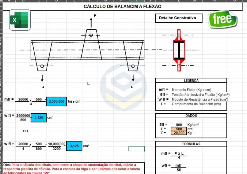 Planilha de Cálculo de Balancim à Flexão com fórmulas, dados e esquema construtivo para dimensionamento de vigas metálicas.