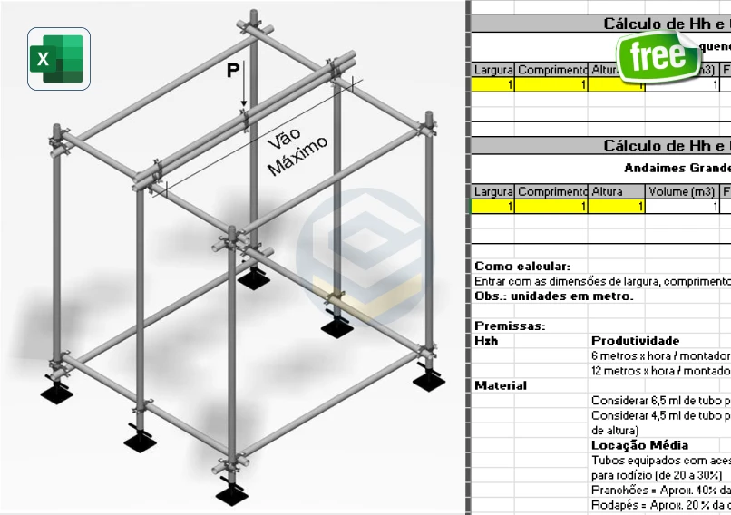 Planilha de Cálculo de Quantidade de Andaime e Hh - Planilha de cálculo de HH e quantidade de andaime com vista 3D da estrutura e tabela de produtividade no Excel.