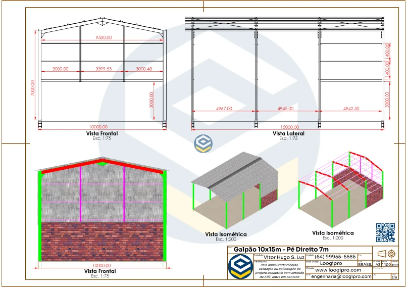 Vistas frontal e lateral do Galpão Metálico 10x15m - Pé Direito 7m com detalhes estruturais