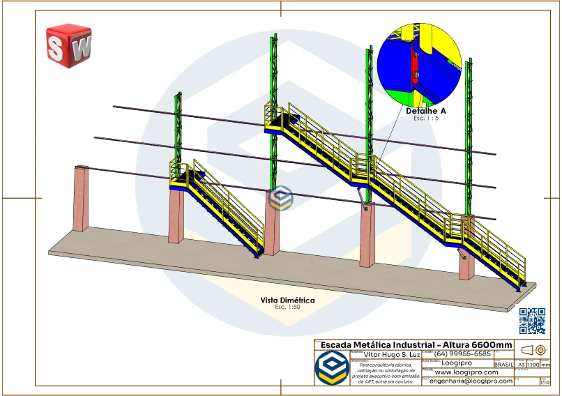 O Projeto Escada Metálica Industrial com 3 Lances Retos - Altura 6600 mm foi desenvolvido para engenheiros, projetistas e profissionais da indústria que buscam eficiência, padronização e versatilidade em ambientes industriais. Este produto oferece um modelo completo com arquivos editáveis no SolidWorks (.SLDPRT, .SLDASM e .SLDDRW), que permitem personalizações conforme a necessidade de cada instalação ou projeto.