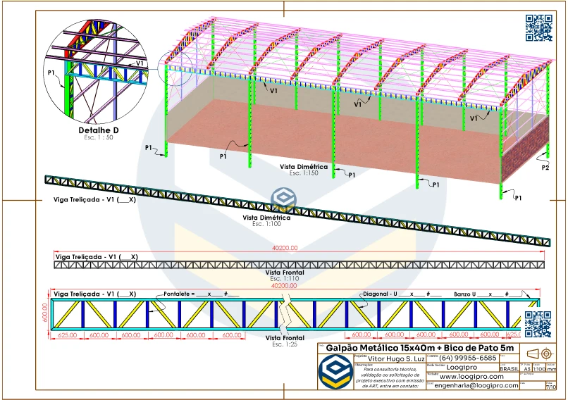 Galpão Metálico 15x40m com Bico de Pato 5m - Projeto para Fábrica de Ração
