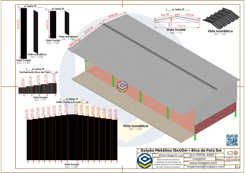 Galpão Metálico 15x40m com Bico de Pato 5m - Projeto para Fábrica de Ração