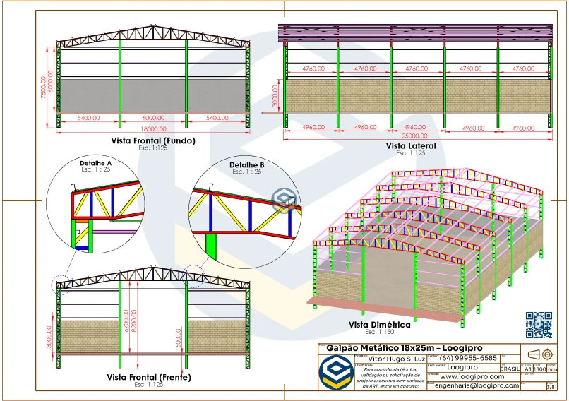 Projeções técnicas do Galpão Metálico 18x25m com detalhes de espaçamento entre terças nas fachadas frontal e lateral