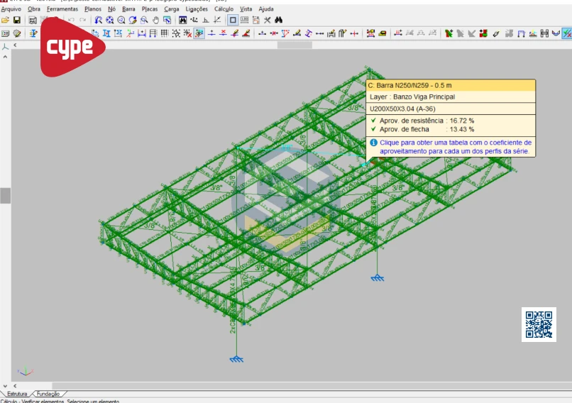 Posto de Combustível 9x17m - Cype 3D - Estrutura Metálica - Modelo estrutural no Cype3D 2019a do Posto de Combustível 9x17m com verificação de tensão e esforços atuantes.