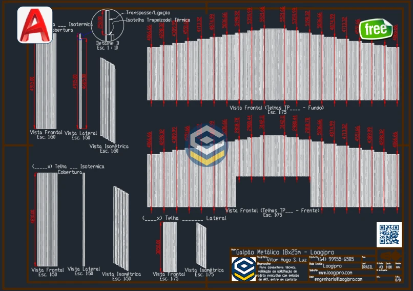 Galpão Metálico 18x25m - DWG com detalhe completo de telhas de cobertura e oitão.