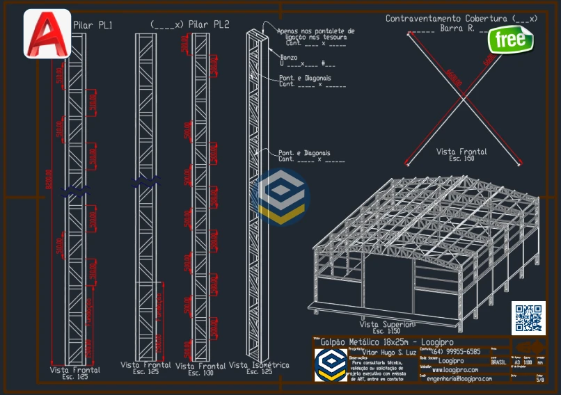 Galpão Metálico 18x25m - DWG com detalhe de pilares e contraventamento metálico.