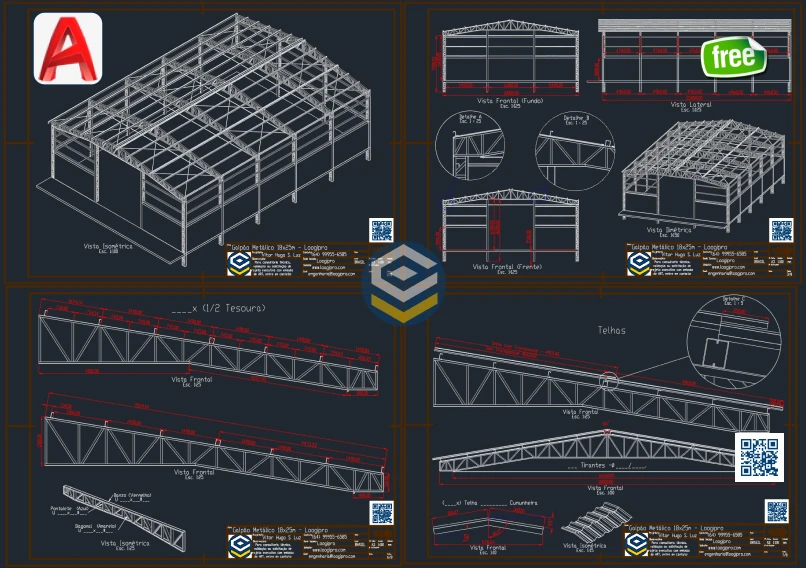 Galpão Metálico 18x25m - DWG com vistas gerais e modelagem estrutural.
