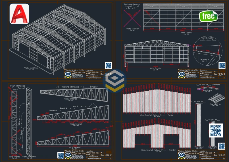Vista geral em DWG do Galpão Metálico 24x30m com 2 entradas, incluindo estrutura e fechamento metálico. Galpão Metálico 24x30m - DWG - 2 Entradas
