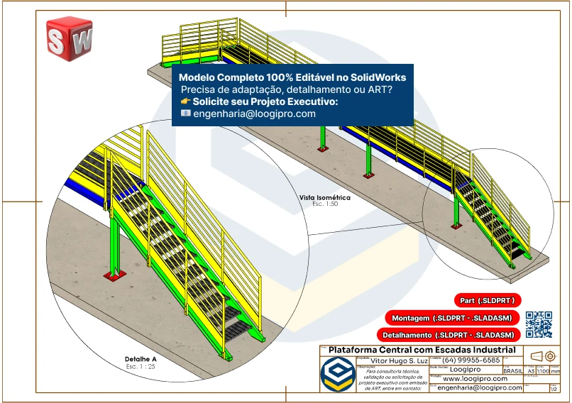Escada e Plataforma Central - Drawing - Desenlonador de Caminhões com detalhe construtivo e vista isométrica no SolidWorks.