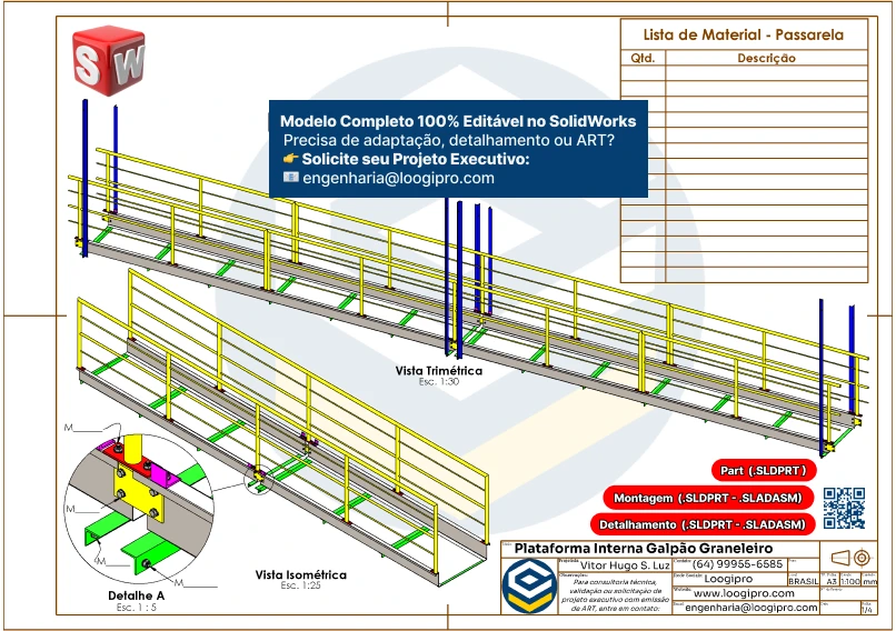 Plataforma Central de Galpão Graneleiro - Drawing com vista isométrica e detalhes de ligação parafusada, modelo editável no SolidWorks.