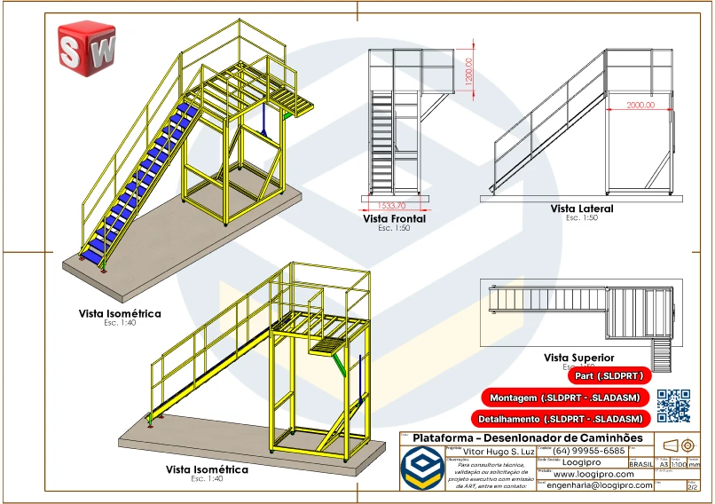 Plataforma Móvel - Desenlonador de Caminhões - Drawing com vistas frontal, lateral e superior no SolidWorks, incluindo detalhamentos para fabricação.