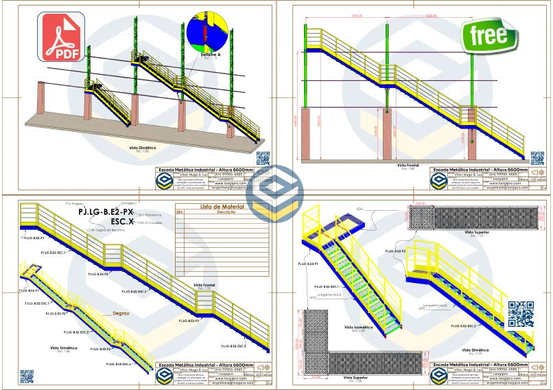 Escada Metálica com 3 Lances Retos - PDF com vista isométrica, vista frontal e lista de materiai